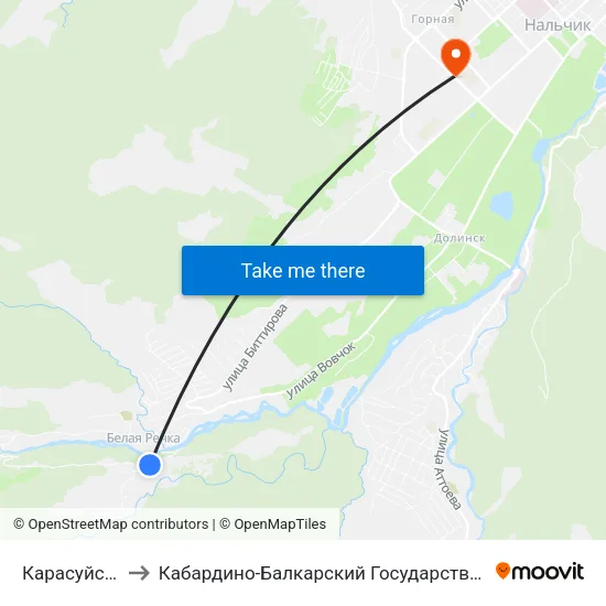 Карасуйская Улица to Кабардино-Балкарский Государственный Аграрный Университет map