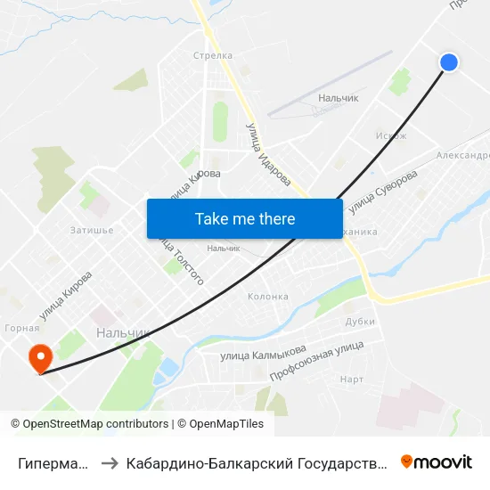 Гипермаркет Маяк to Кабардино-Балкарский Государственный Аграрный Университет map