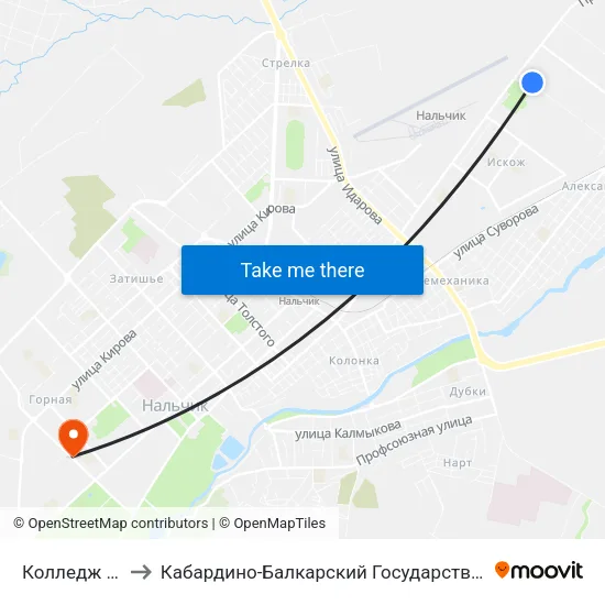 Колледж Строитель to Кабардино-Балкарский Государственный Аграрный Университет map