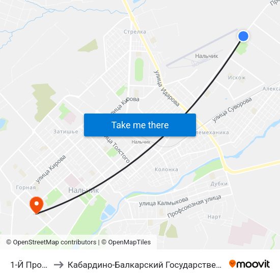 1-Й Промпроезд to Кабардино-Балкарский Государственный Аграрный Университет map