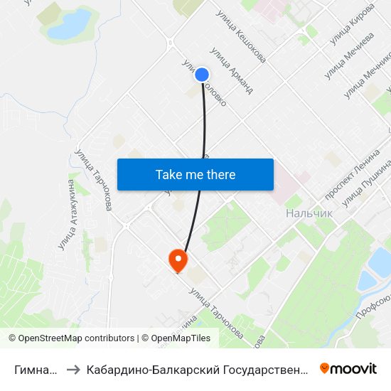 Гимназия №1 to Кабардино-Балкарский Государственный Аграрный Университет map