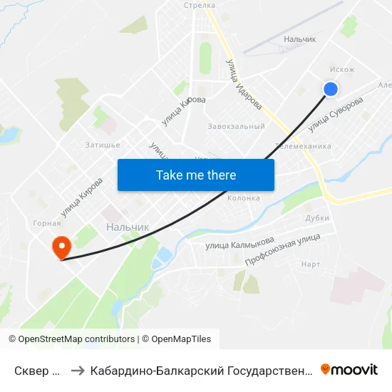 Сквер Дружбы to Кабардино-Балкарский Государственный Аграрный Университет map