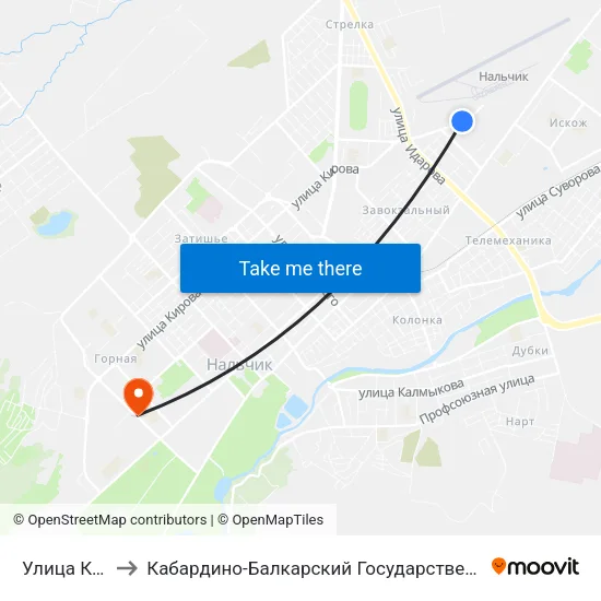 Улица Киримова to Кабардино-Балкарский Государственный Аграрный Университет map
