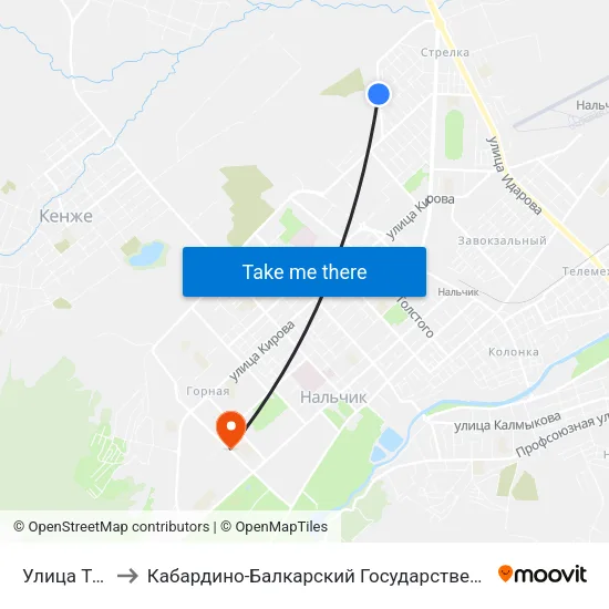 Улица Тельмана to Кабардино-Балкарский Государственный Аграрный Университет map