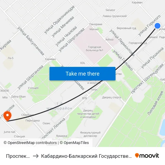 Проспект Ленина to Кабардино-Балкарский Государственный Аграрный Университет map