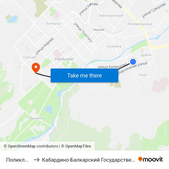 Поликлиника №1 to Кабардино-Балкарский Государственный Аграрный Университет map