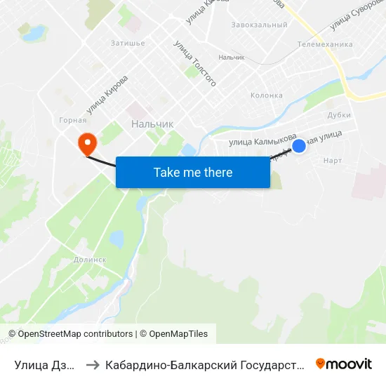 Улица Дзержинского to Кабардино-Балкарский Государственный Аграрный Университет map