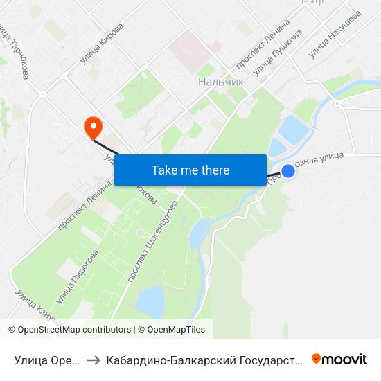 Улица Ореховая Роща to Кабардино-Балкарский Государственный Аграрный Университет map