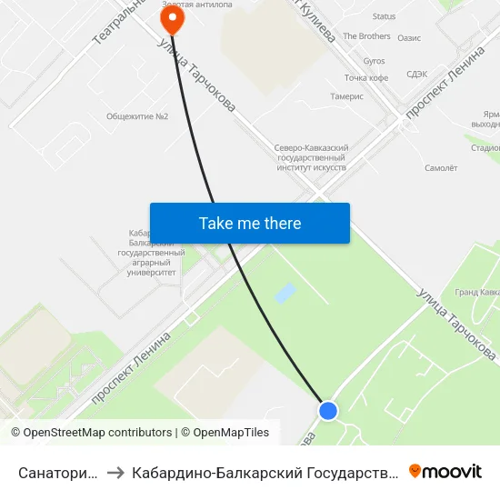 Санаторий Нальчик to Кабардино-Балкарский Государственный Аграрный Университет map