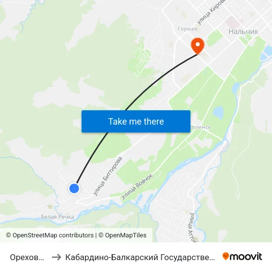 Ореховая Улица to Кабардино-Балкарский Государственный Аграрный Университет map