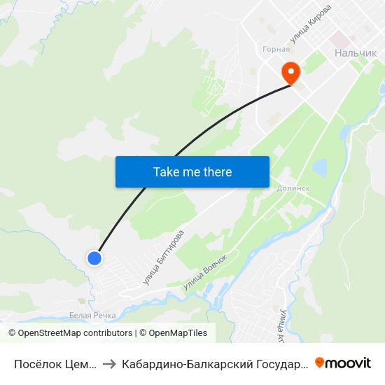 Посёлок Цементного Завода to Кабардино-Балкарский Государственный Аграрный Университет map