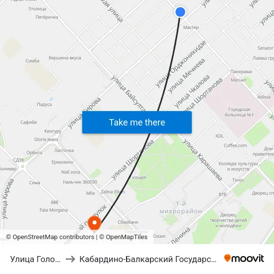 Улица Головко / Кирова to Кабардино-Балкарский Государственный Аграрный Университет map