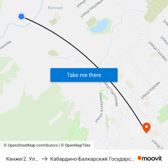 Кенже-2. Улица Ахметова to Кабардино-Балкарский Государственный Аграрный Университет map