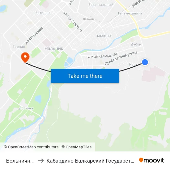 Больничный Городок to Кабардино-Балкарский Государственный Аграрный Университет map