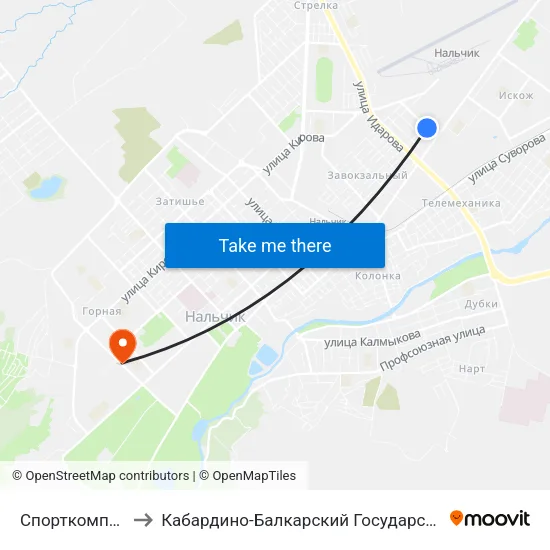 Спорткомплекс Кабарда to Кабардино-Балкарский Государственный Аграрный Университет map