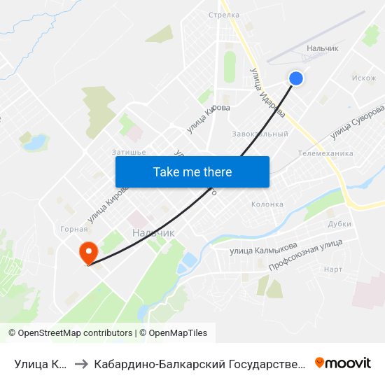 Улица Киримова to Кабардино-Балкарский Государственный Аграрный Университет map