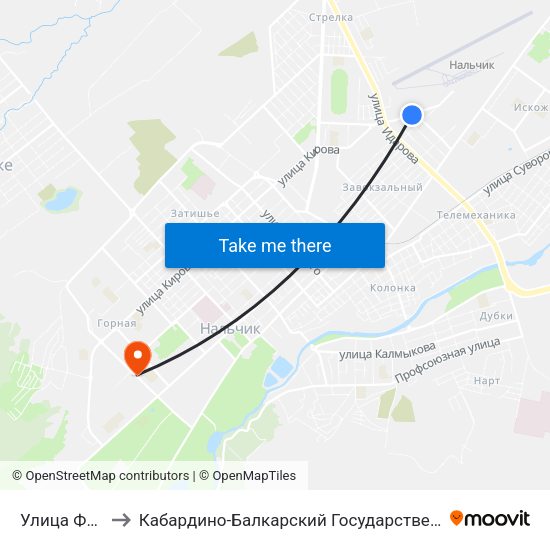 Улица Фурманова to Кабардино-Балкарский Государственный Аграрный Университет map