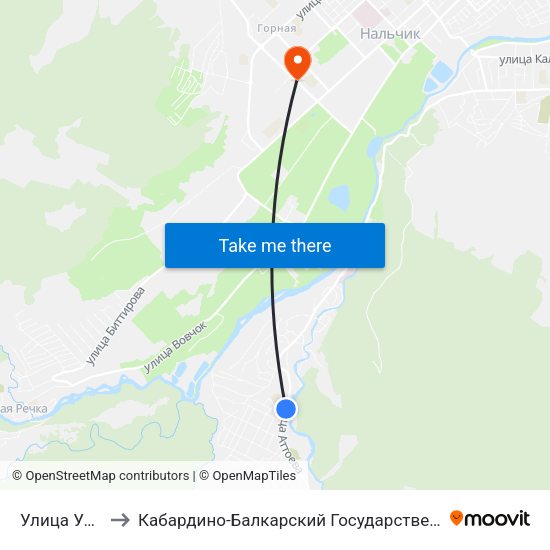 Улица Ульбашева to Кабардино-Балкарский Государственный Аграрный Университет map