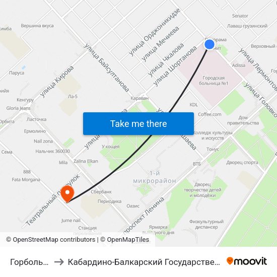 Горбольница №1 to Кабардино-Балкарский Государственный Аграрный Университет map