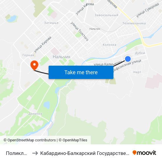 Поликлиника №1 to Кабардино-Балкарский Государственный Аграрный Университет map