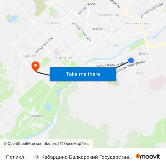 Поликлиника №1 to Кабардино-Балкарский Государственный Аграрный Университет map