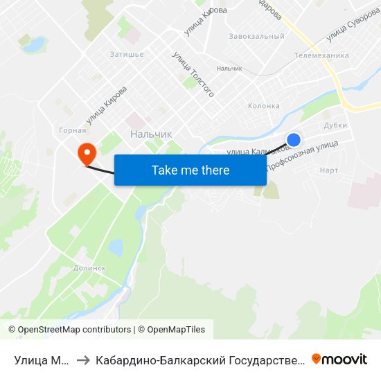 Улица Макаренко to Кабардино-Балкарский Государственный Аграрный Университет map