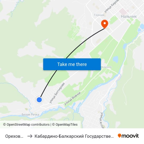 Ореховая Улица to Кабардино-Балкарский Государственный Аграрный Университет map