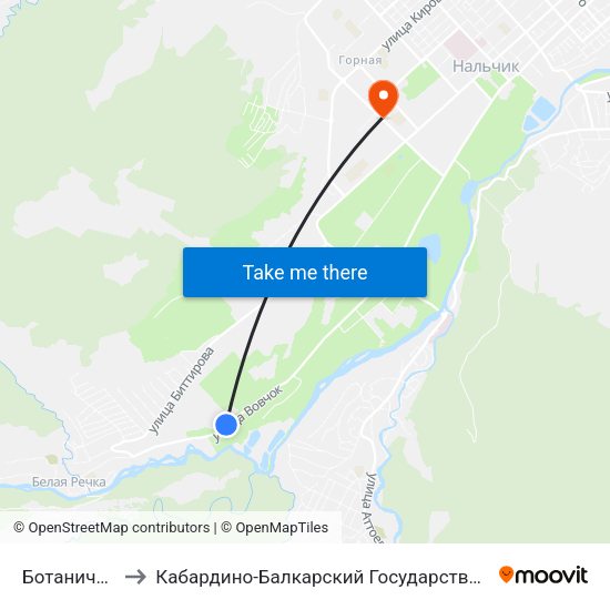 Ботанический Сад to Кабардино-Балкарский Государственный Аграрный Университет map