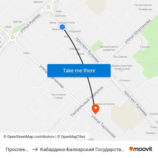 Проспект Кулиева to Кабардино-Балкарский Государственный Аграрный Университет map