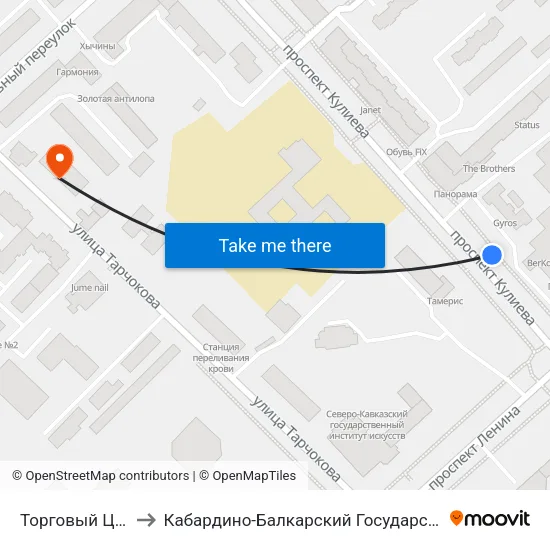 Торговый Центр Нальчик to Кабардино-Балкарский Государственный Аграрный Университет map