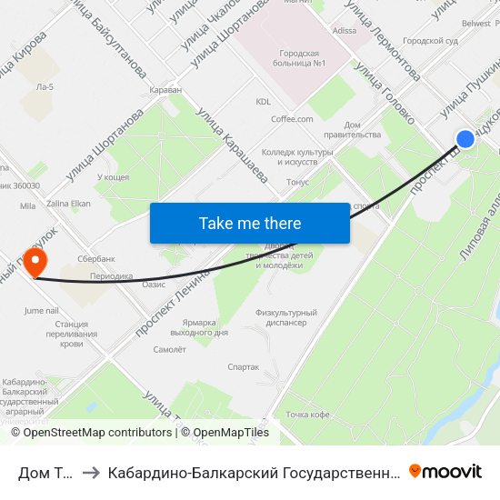 Дом Туриста to Кабардино-Балкарский Государственный Аграрный Университет map