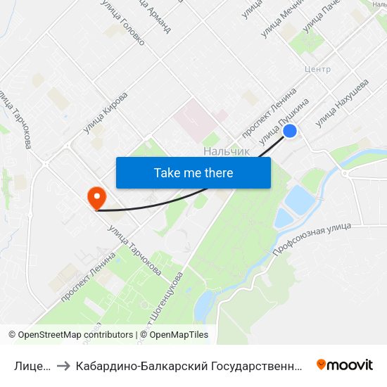 Лицей №2 to Кабардино-Балкарский Государственный Аграрный Университет map