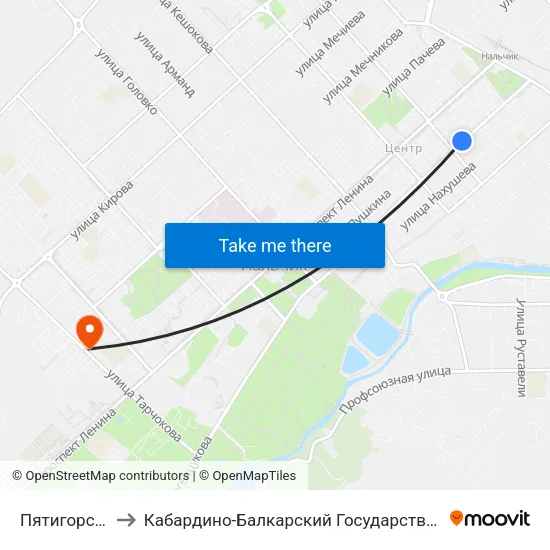 Пятигорская Улица to Кабардино-Балкарский Государственный Аграрный Университет map
