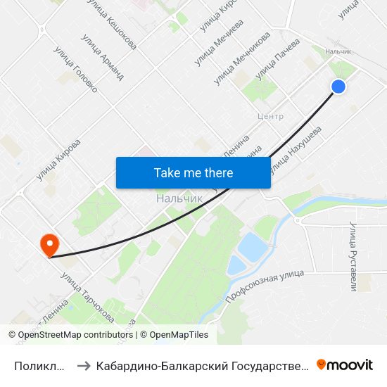 Поликлиника №3 to Кабардино-Балкарский Государственный Аграрный Университет map