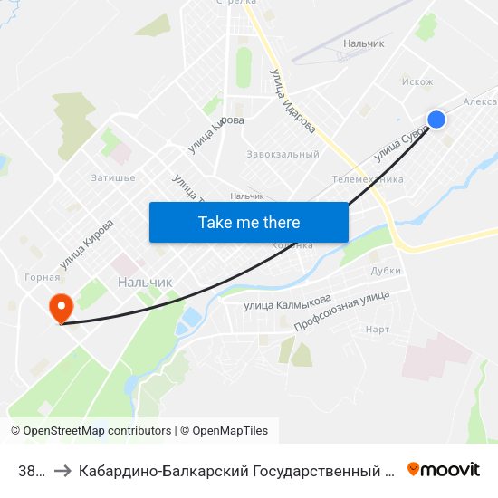 38 Км to Кабардино-Балкарский Государственный Аграрный Университет map