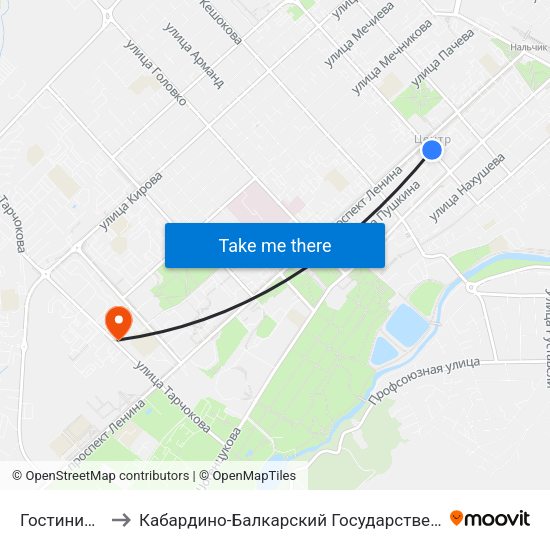 Гостиница Россия to Кабардино-Балкарский Государственный Аграрный Университет map