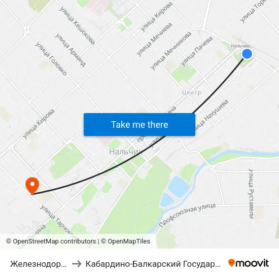 Железнодорожный Вокзал to Кабардино-Балкарский Государственный Аграрный Университет map