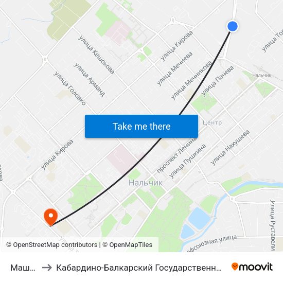 Машзавод to Кабардино-Балкарский Государственный Аграрный Университет map