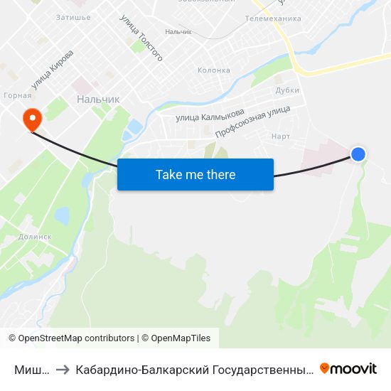 Мишхидж to Кабардино-Балкарский Государственный Аграрный Университет map