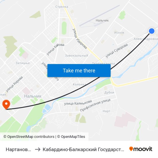 Нартановская Улица to Кабардино-Балкарский Государственный Аграрный Университет map