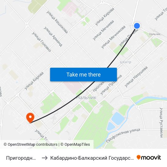 Пригородный Автовокзал to Кабардино-Балкарский Государственный Аграрный Университет map