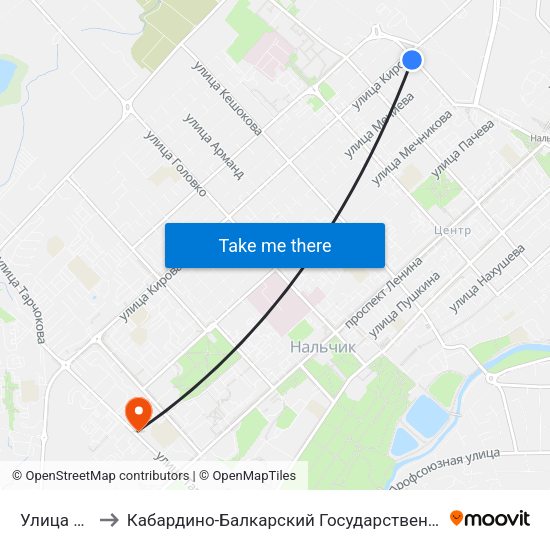 Улица Ахохова to Кабардино-Балкарский Государственный Аграрный Университет map