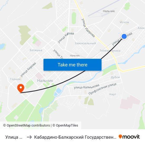 Улица Ашурова to Кабардино-Балкарский Государственный Аграрный Университет map