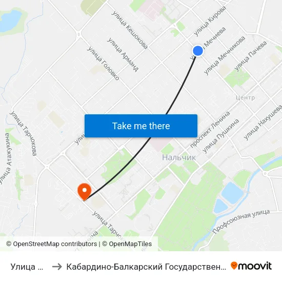 Улица Мечиева to Кабардино-Балкарский Государственный Аграрный Университет map