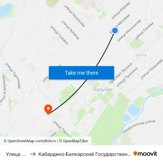 Улица Мечиева to Кабардино-Балкарский Государственный Аграрный Университет map