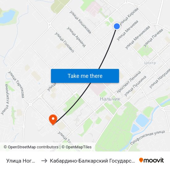 Улица Ногмова / Кирова to Кабардино-Балкарский Государственный Аграрный Университет map
