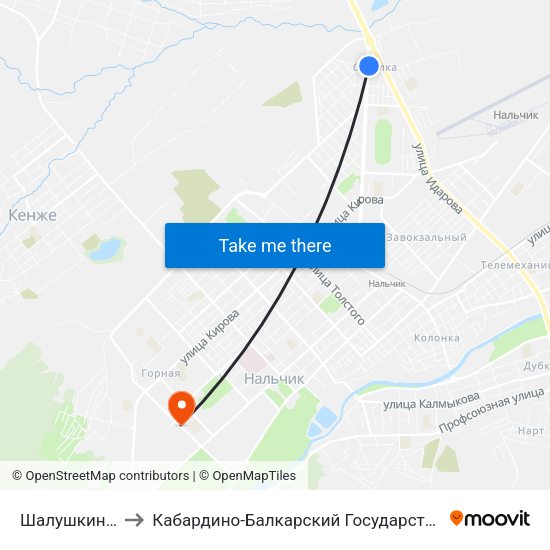 Шалушкинская Улица to Кабардино-Балкарский Государственный Аграрный Университет map