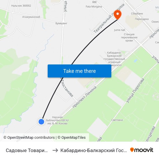 Садовые Товарищества Спутник И Дружба to Кабардино-Балкарский Государственный Аграрный Университет map