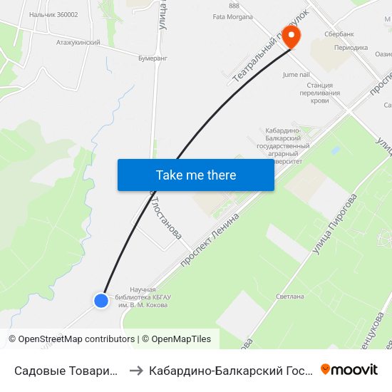 Садовые Товарищества Спутник И Дружба to Кабардино-Балкарский Государственный Аграрный Университет map