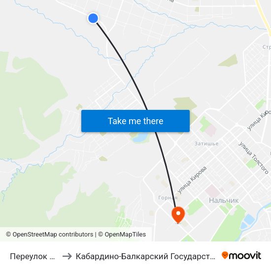 Переулок Кучменовой to Кабардино-Балкарский Государственный Аграрный Университет map